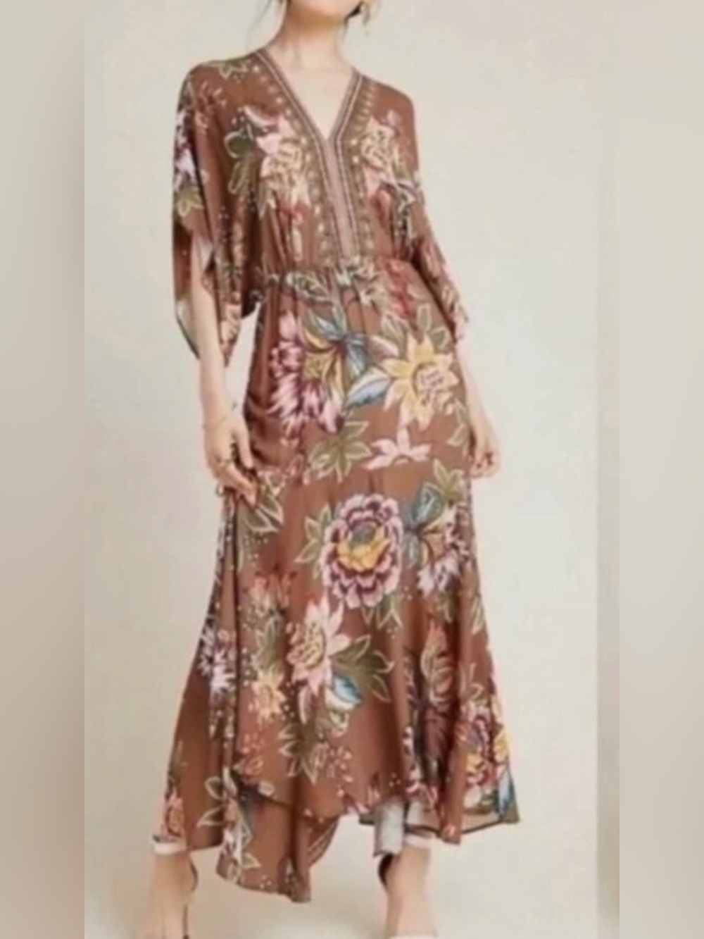 Farm Rio Anthropologie Valentina Brown Floral Maxi Dress In Brown Motif Size XS